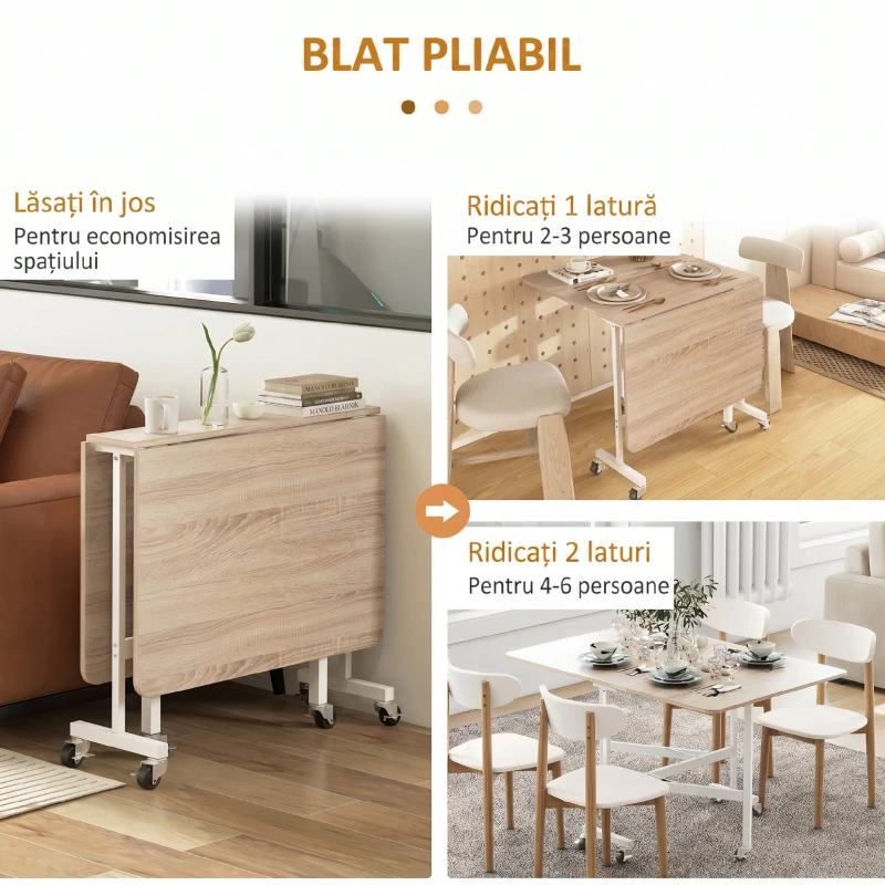 HOMCOM Masă Modernă Pliabilă cu 2 Extensii și Roți, din PAL și Oțel, 120x80x73cm, Maro(m-10)
