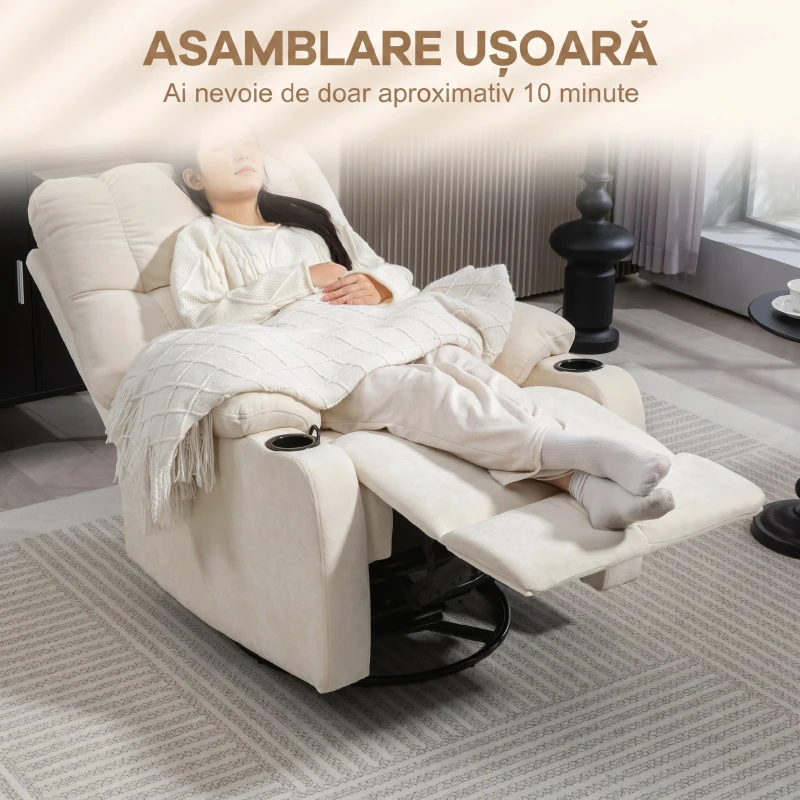 HOMCOM Fotoliu Reclinabil 135° cu Suport pentru Pahare și Suport pentru Picioare, din Țesătură cu Aspect de In, 88x96x108 cm, Bej