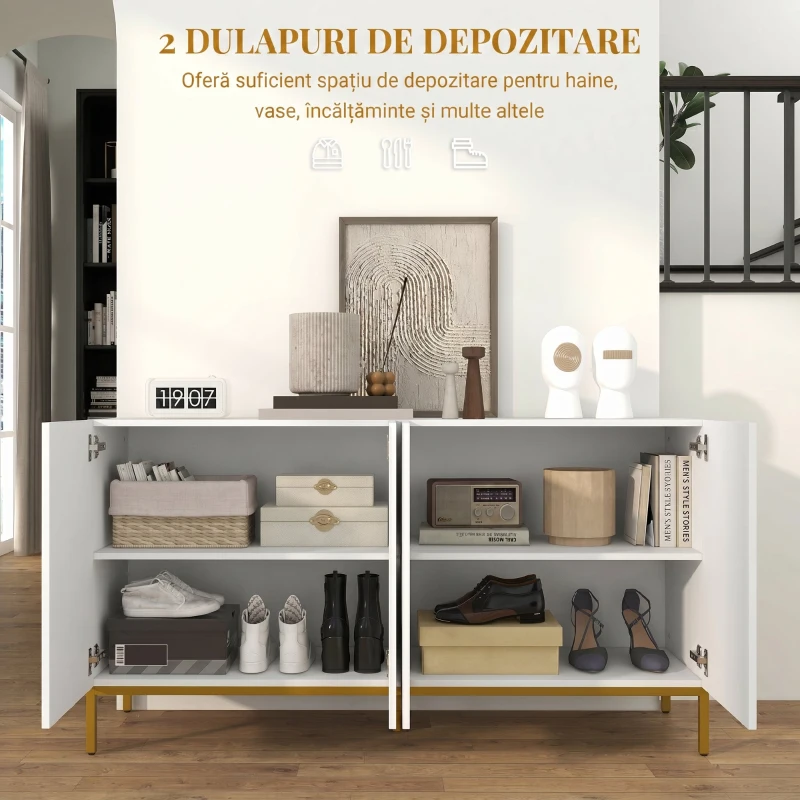 HOMCOM Bufet modern cu 4 uși cu închidere amortizată și rafturi reglabile, 140x40x75cm, alb și auriu