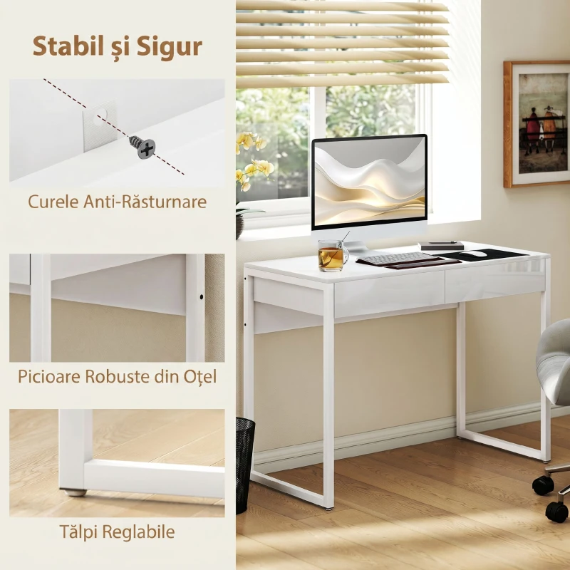 HOMCOM Birou Modern cu 2 Sertare și Picioare din Oțel, 100x50x75 cm, Alb Lucios