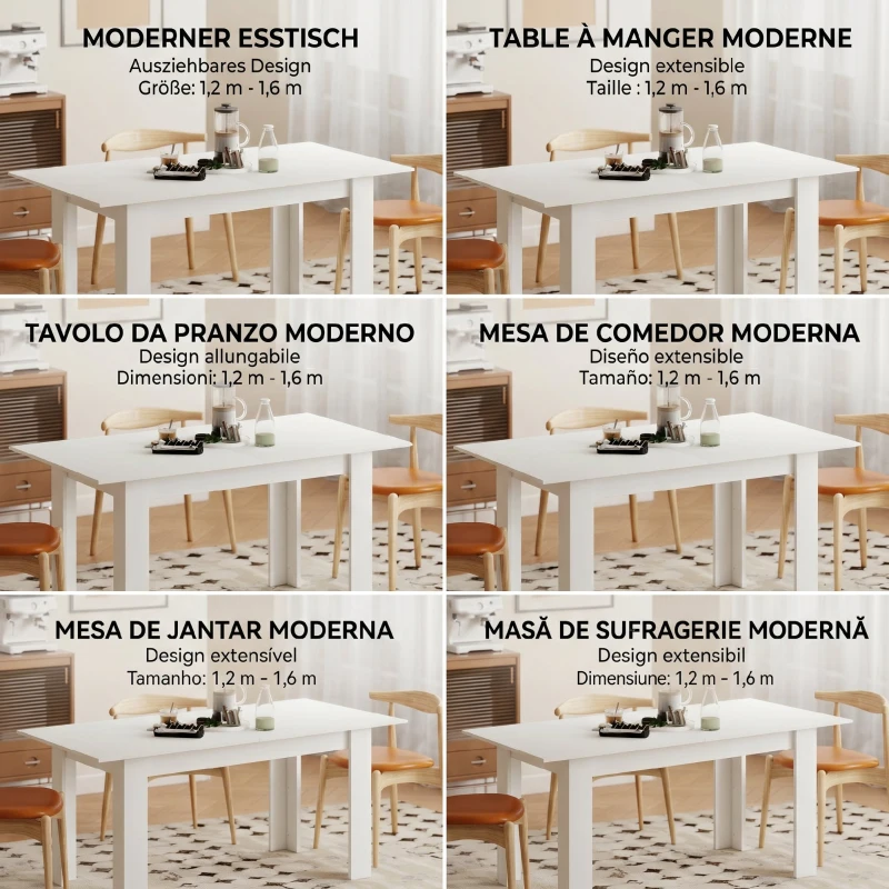 HOMCOM Masă Extensibilă de Luat Masa pentru 6-8 Persoane, 140-180 x 80 cm, Alb