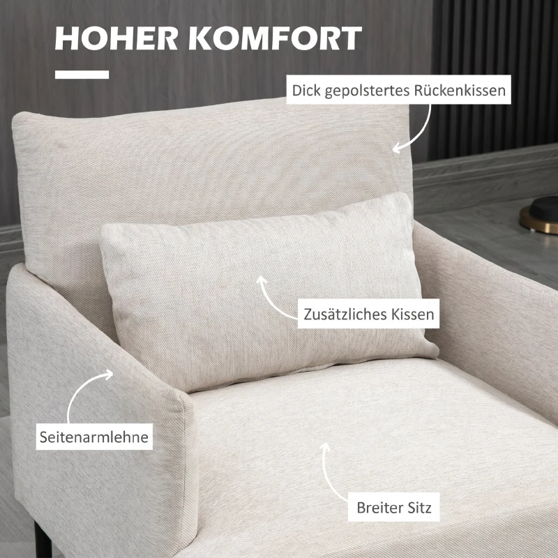 HOMCOM Fotoliu Modern de Design cu Pernă Extra, din Material Textil cu Efect de In și Oțel, 73x81x82 cm, Alb Crem