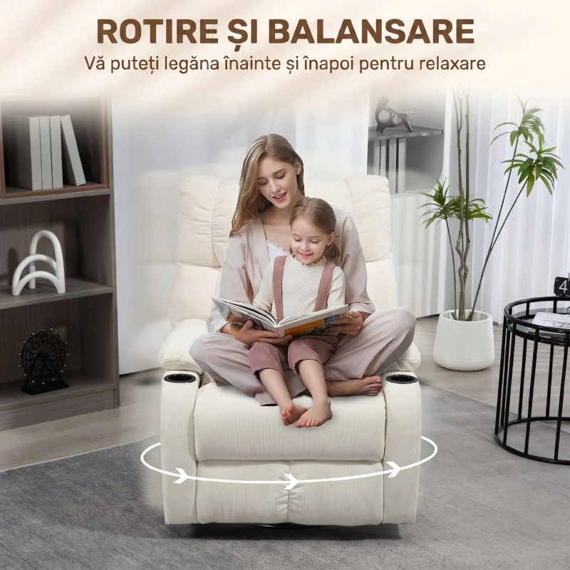 HOMCOM Fotoliu Reclinabil 135° cu Suport pentru Pahare și Suport pentru Picioare, din Țesătură cu Aspect de In, 88x96x108 cm, Bej