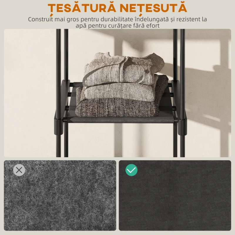 HOMCOM Dulap Portabil cu 2 Bare și 6 Rafturi, din Material Textil Non-Țesut, Plastic și Oțel, 111x43x185 cm, Negru
