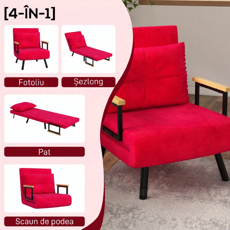 HOMCOM Fotoliu Pat 3 în 1 cu Spătar Rabatabil și Pernă, din Material Catifelat, 63x73x81 cm, Roșu(m-4)