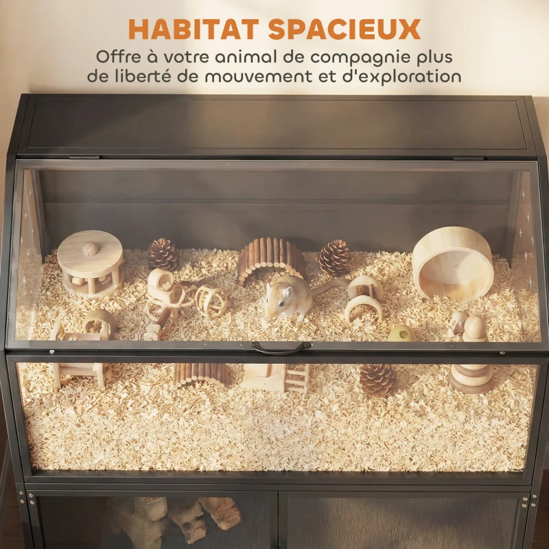 PawHut Cage Hamster 2-en-1 avec Armoire de Rangement pour Rongeur Hamster Syrien et Souris Acier et Acrylique Noir