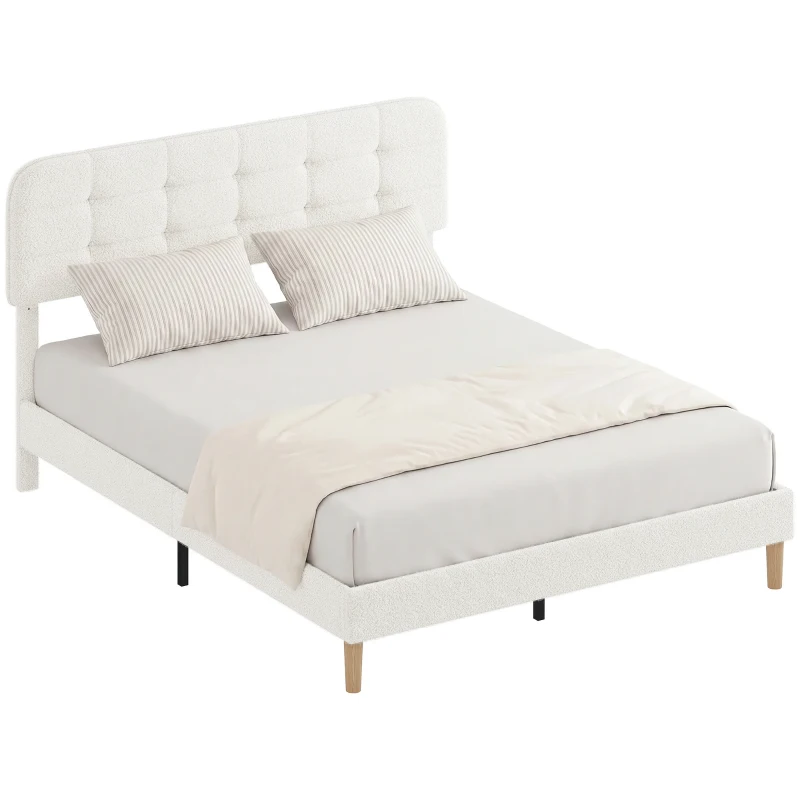 HOMCOM Cadre de lit 160x200cm avec sommier, tête de lit réglable, lit double rembourré en velours teddy, lattes en bois, blanc