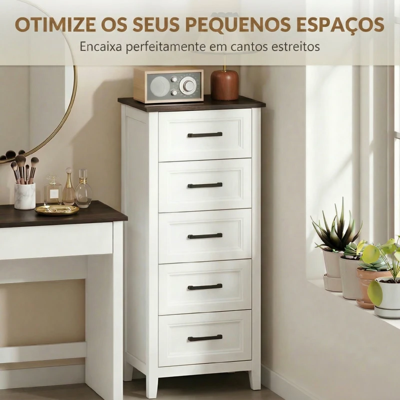HOMCOM Cómoda 5 Gavetas Cómoda de Dormitório Estreita e Alta com Bancada com Efeito Madeira 45x35x106 cm Branco