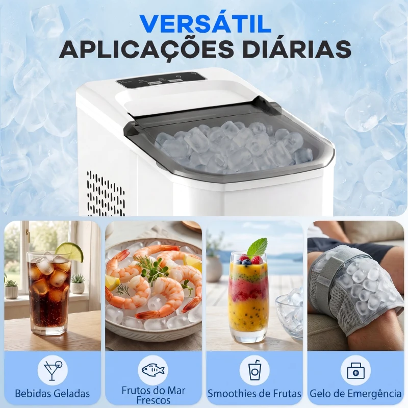 HOMCOM Máquina de Gelo Autolimpável 12 kg/24H 9 Cubos Prontos em 7 Minutos 2 Tamanhos de Gelo Depósito de 1,5L Branco