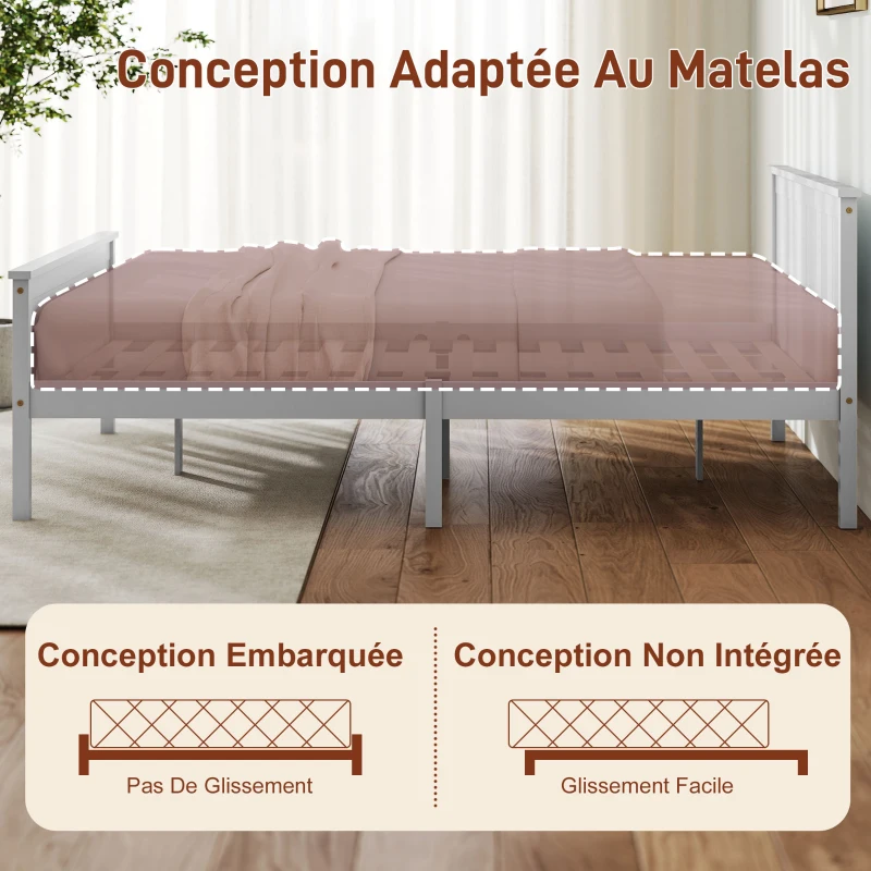 HOMCOM Cadre de lit 140 x 200 cm, lit simple en bois massif avec sommier à lattes tête et pied inclus, assemblage facile, blanc