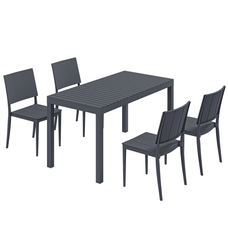Outsunny Gartenmöbel Set Sitzgruppe 5-teilig Breiter Tisch mit 4 Stapelstühlen Lamelldesign für 4 Personen Dunkelgrau