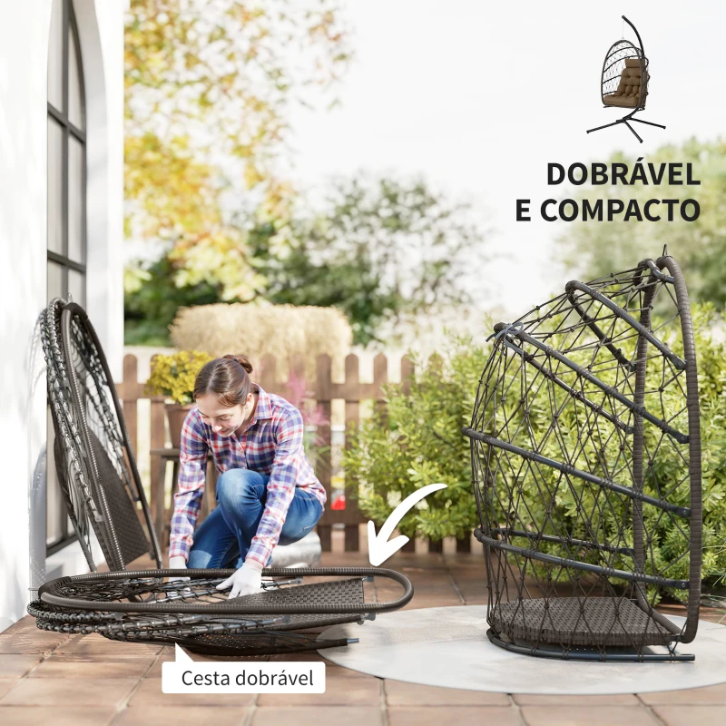 Outsunny Cadeira Suspensa Tipo Ovo com Suporte, Cesto Dobrável, Almofada, Apoio de Cabeça e Corda, Suporta até 120 kg, Castanha
