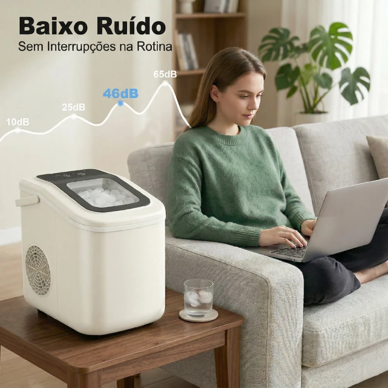 HOMCOM Máquina de Gelo Autolimpante 12 kg/24 h 9 Cubos Prontos em 7 Minutos 2 Tamanhos de Gelo Depósito de 1,2 L Bege