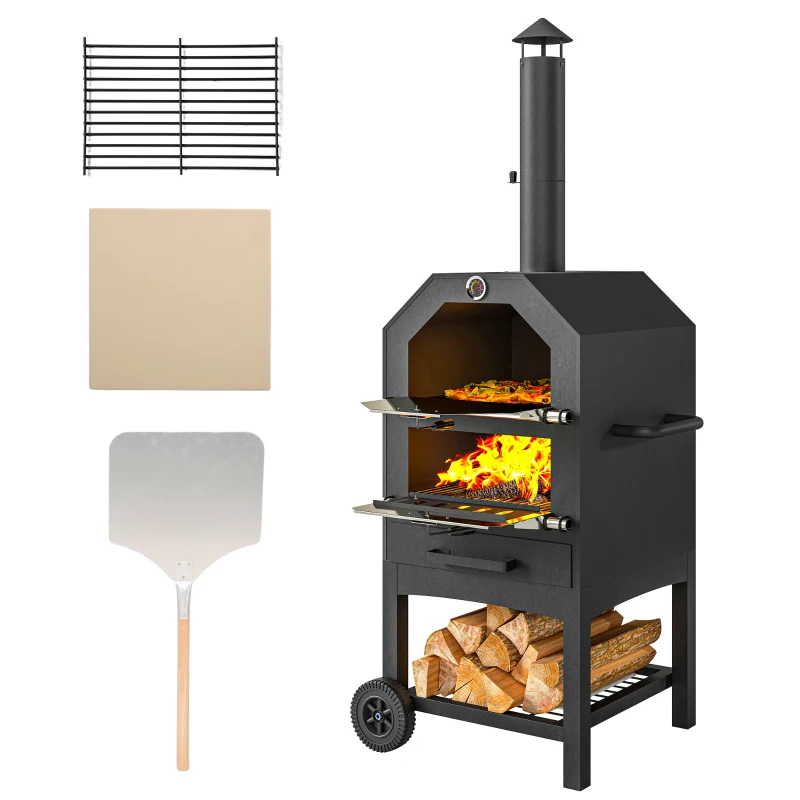 Outsunny Forno per Pizza 2-in-1 da Esterno con Pietra per Pizza, Cassetto per la Cenere, 2 Griglie e Termometro, 66x45x158 cm, Nero