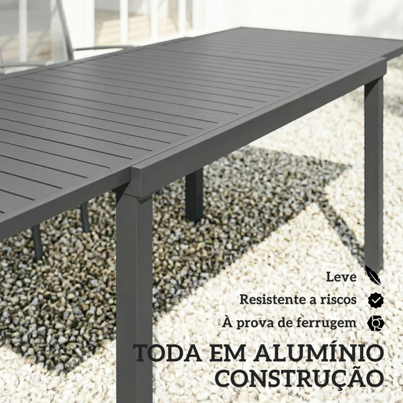 Outsunny Mesa de Jardim Extensível 150/225x85x75 cm Mesa de Jantar de Alumínio com Tampo de Ripas para 6-8 Pessoas Cinzento