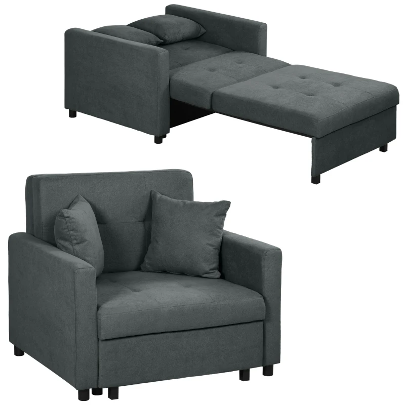 HOMCOM Poltrona Letto in Tessuto Effetto Velluto Grigio con 2 Cuscini e Spazio Contenitore, 100x98x88 cm