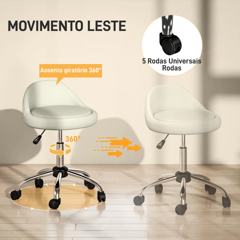 HOMCOM Banco com Rodas Banco Giratório com Altura Ajustável Cosmética Dentista Cabeleireiro Ø50x63-83 cm Branco