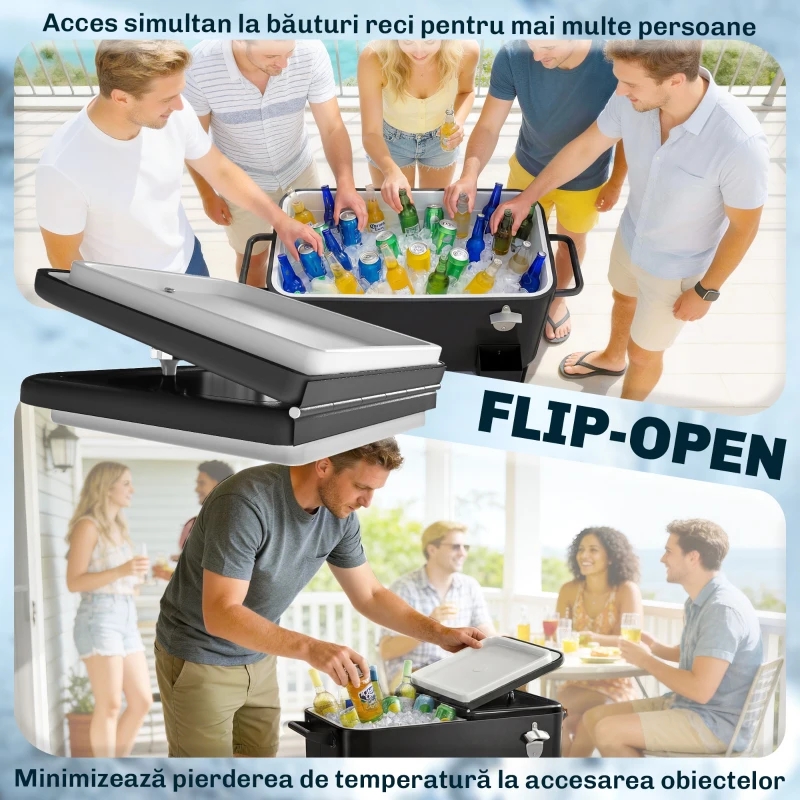 Outsunny Cărucior Frigider 76L cu raft, Deschizător de sticle și Colector de capace, din Plastic și Oțel, 91x39x84.5 cm, Negru