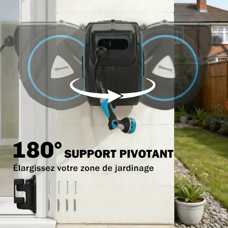 Outsunny Enrouleur Tuyau Arrosage Mural Automatique 23+2m Dévidoir Automatique Pistolet d'Arrosage 10+2 Modes 55x31x50cm Bleu