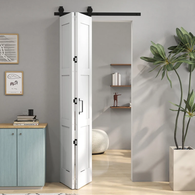 HOMCOM Porta Deslizante Dobrável com Ferragens 91,4x213,4 cm com Roldana Trilho de Aço Guia de Piso Puxador Branco