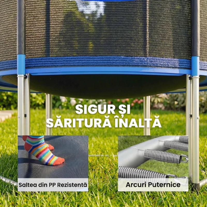 SPORTNOW Trambulină Elastică pentru Adulți Ø244cm, Covor Elastic pentru Adulți cu Plasă de Protecție, Scară cu 2 Trepte, Protecție pentru Arcuri, Structură din Oțel, Capacitate 100kg, Albastru