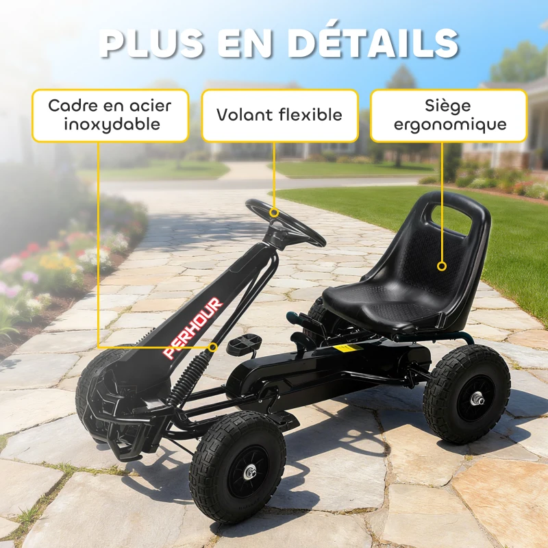 AIYAPLAY Kart à pédales Go-Kart pour enfants siège réglable pneus EVA embrayage manuel et frein 110 x 61 x 62 cm noir