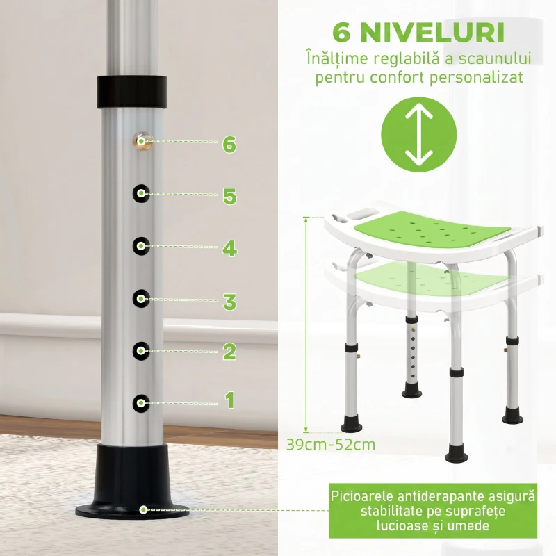 HOMCOM Scaun pentru duș din aluminiu și plastic antiderapant, înălțime reglabilă pe 6 nivele, 39-52cm, verde