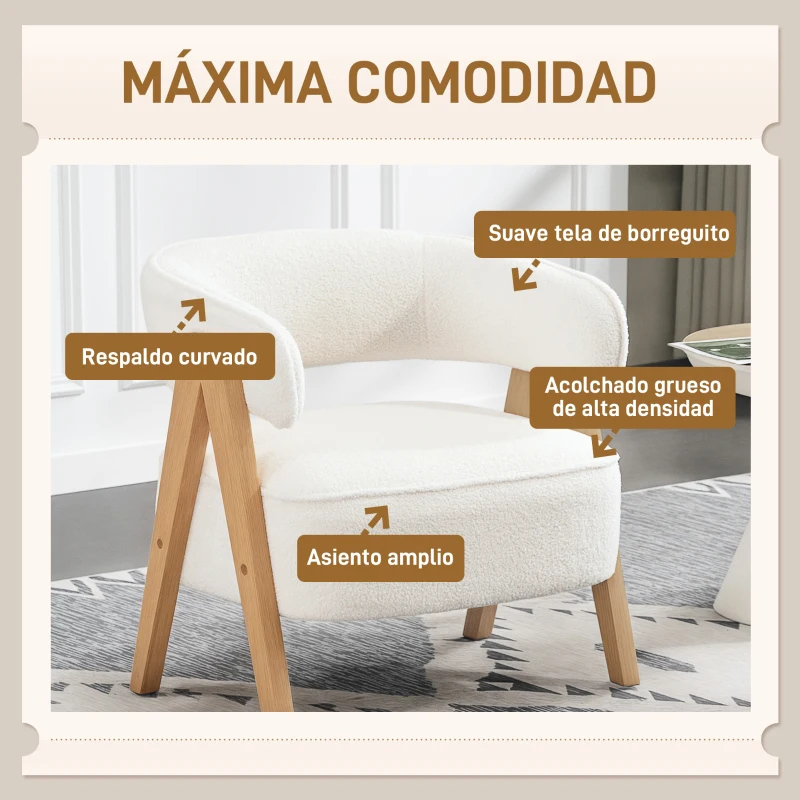 HOMCOM Butaca de Salón Tapizada en Borreguito Acolchada Gruesa Patas de Madera Respaldo Curvado 70x64x71 cm Blanco
