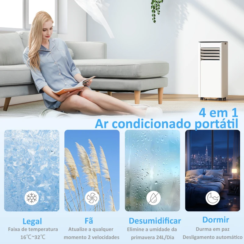 HOMCOM Ar Condicionado Portátil 9000 BTU 4 em 1 Arrefecimento Desumidificador Ventoinha Temporizador para 28 m² Branco