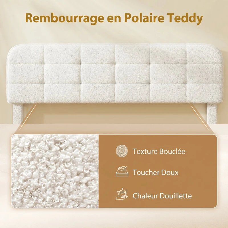 HOMCOM Cadre de lit 160x200cm avec sommier, tête de lit réglable, lit double rembourré en velours teddy, lattes en bois, blanc