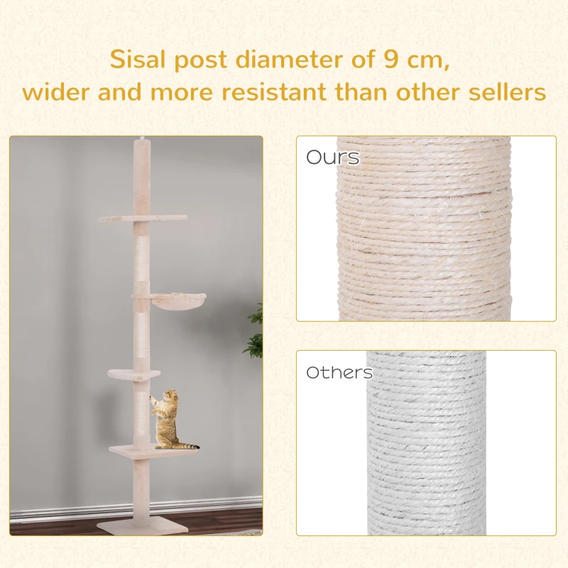 PawHut Floor to Ceiling Cat Tree 230-260cm Height Adjustable, 5-Tier Cat Tower with Scratching Posts, Hammock, Perches, Climbing Activity Centre for Indoor Kittens Playing and Relaxing, Beige