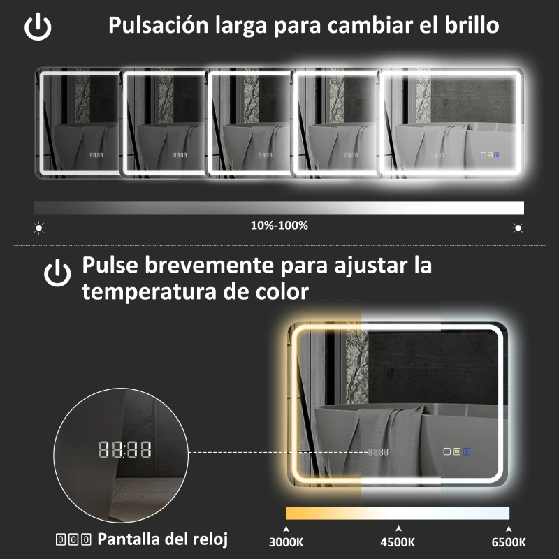 HOMCOM Espejo de Baño con Luz LED 70x50 cm con Bluetooth 3 Colores de Luz Reloj Digital Función Antivaho Función de Memoria