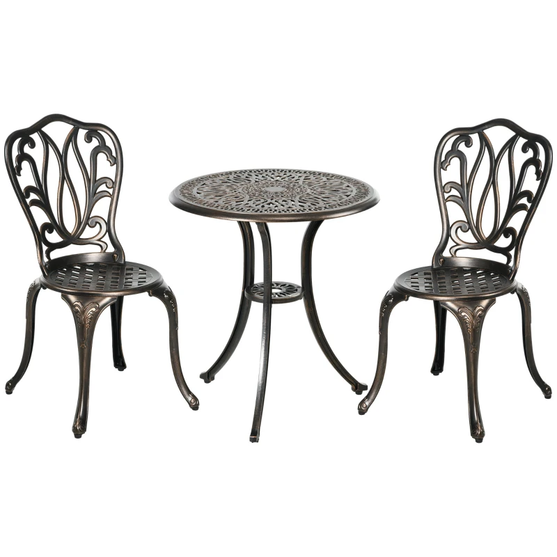 Outsunny Set da Giardino per 2 Persone, 2 Sedie e Tavolo Rotondo in Alluminio Pressofuso dal Fascino Retrò, Bronzo