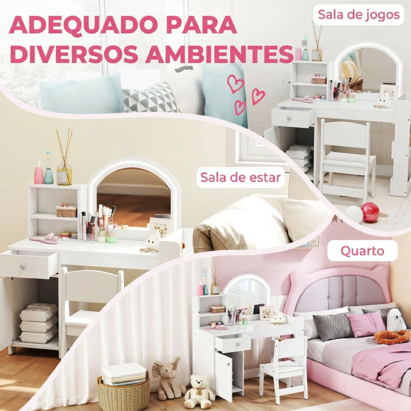 AIYAPLAY Toucador Infantil com Banqueta e Espelho com Luzes LED 1 Gaveta, Armário e 5 Prateleiras Branco