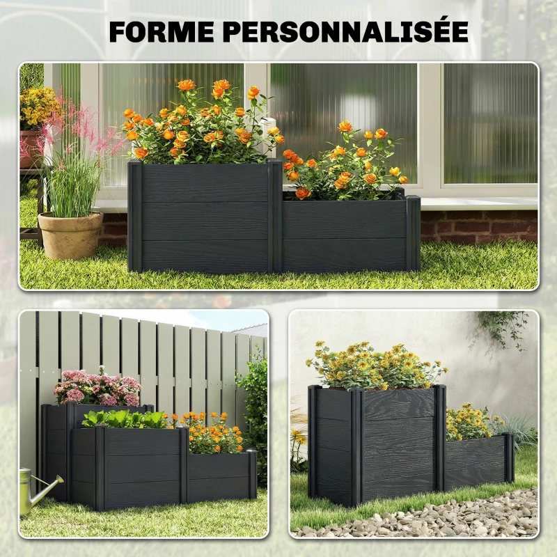 Outsunny Jardinière surélevée, lit de jardin à 3 niveaux avec fond ouvert pour fleurs, légumes, 120 x 80 x 64 cm, effet bois gris