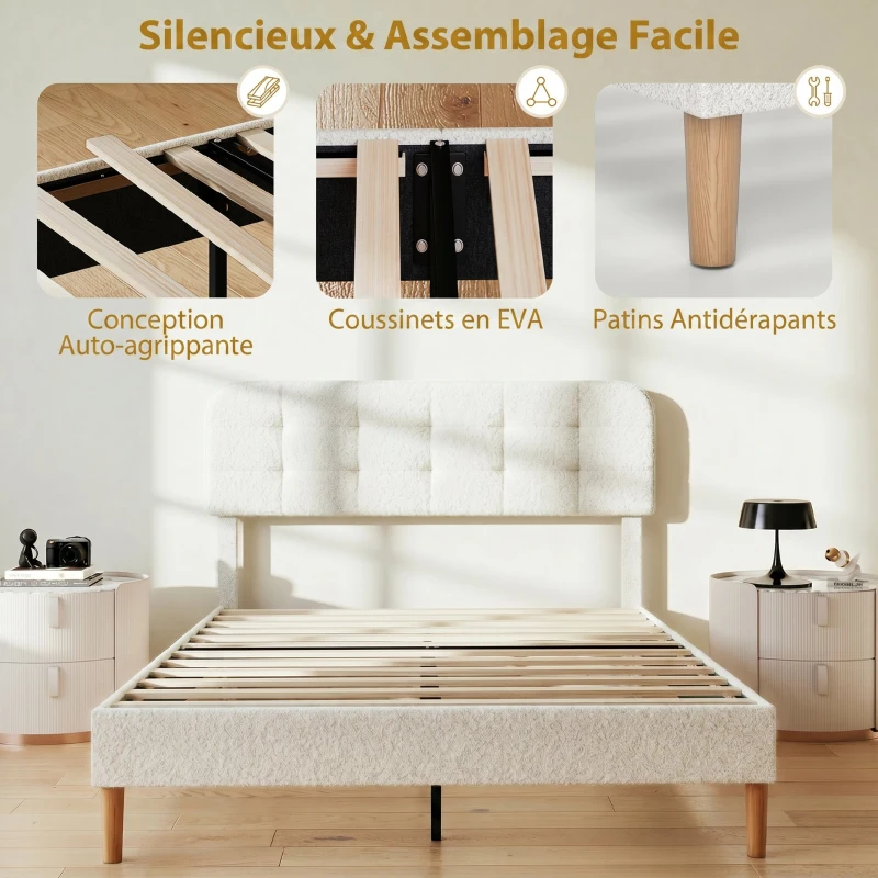 HOMCOM Cadre de lit 160x200cm avec sommier, tête de lit réglable, lit double rembourré en velours teddy, lattes en bois, blanc