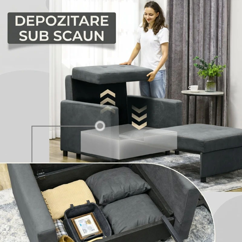 HOMCOM Poltrona Letto in Tessuto Effetto Velluto Grigio con 2 Cuscini e Spazio Contenitore, 100x98x88 cm