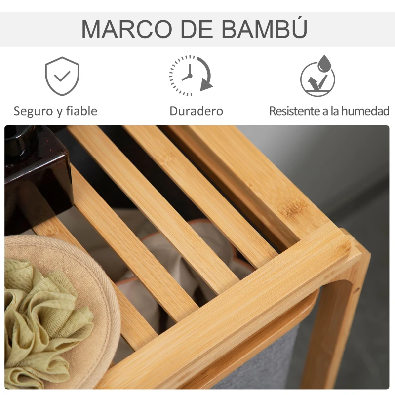 HOMCOM Cesto para Ropa Sucia de Bambú Cesta para la Colada con 3 Bolsas de Tela Extraíbles 50x32x69,7 cm Gris