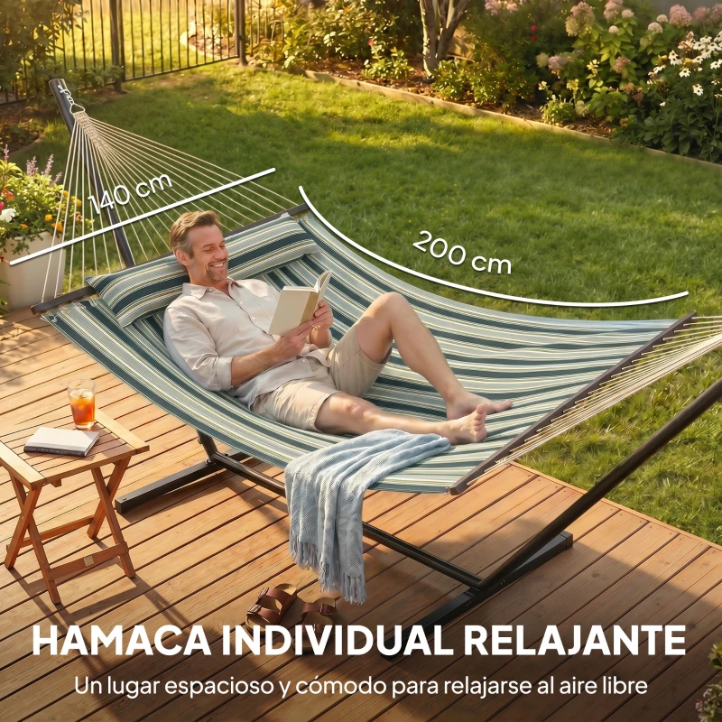 Outsunny Hamaca con Soporte Hamaca de Jardín Portátil con Almohada Desmontable Barras Separadoras 353x94x115 cm Verde