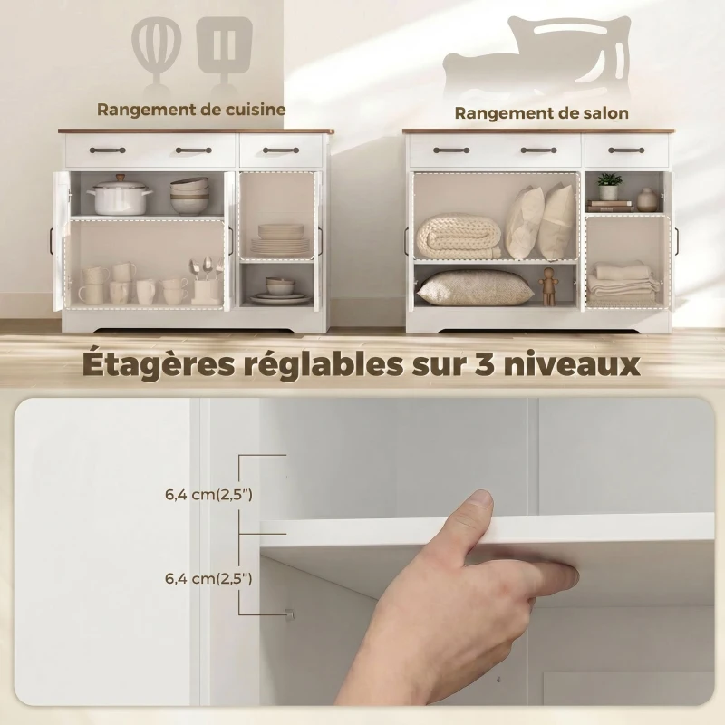 HOMCOM Buffet cuisine, meuble de rangement avec 3 portes de grange, 2 tiroirs et étagères réglables, 108 x 40 x 81 cm, blanc