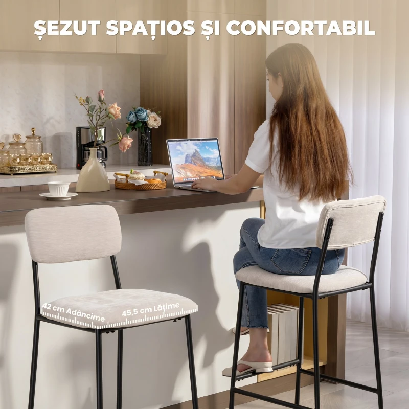 HOMCOM, Set 2 Scaune de Bar cu Spătar Înalt, Suport pentru Picioare, Chenille, oțel, 45.5 x 48 x 101cm, Crem