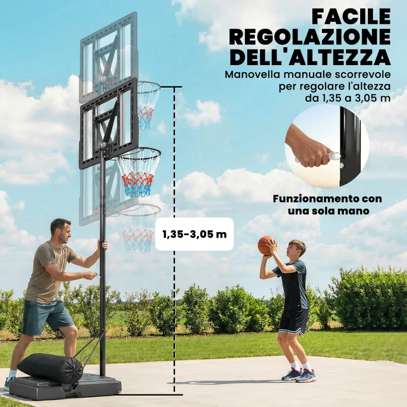 SPORTNOW Canestro Basket con Altezza Regolabile 1,3-3 m, Base Riempibile e Ruote, Nero