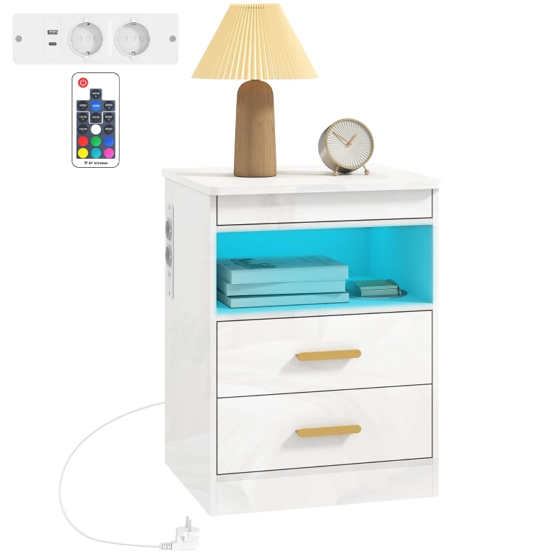 HOMCOM Noptieră modernă, masă laterală cu stație de încărcare și iluminare LED RGB, alb lucios