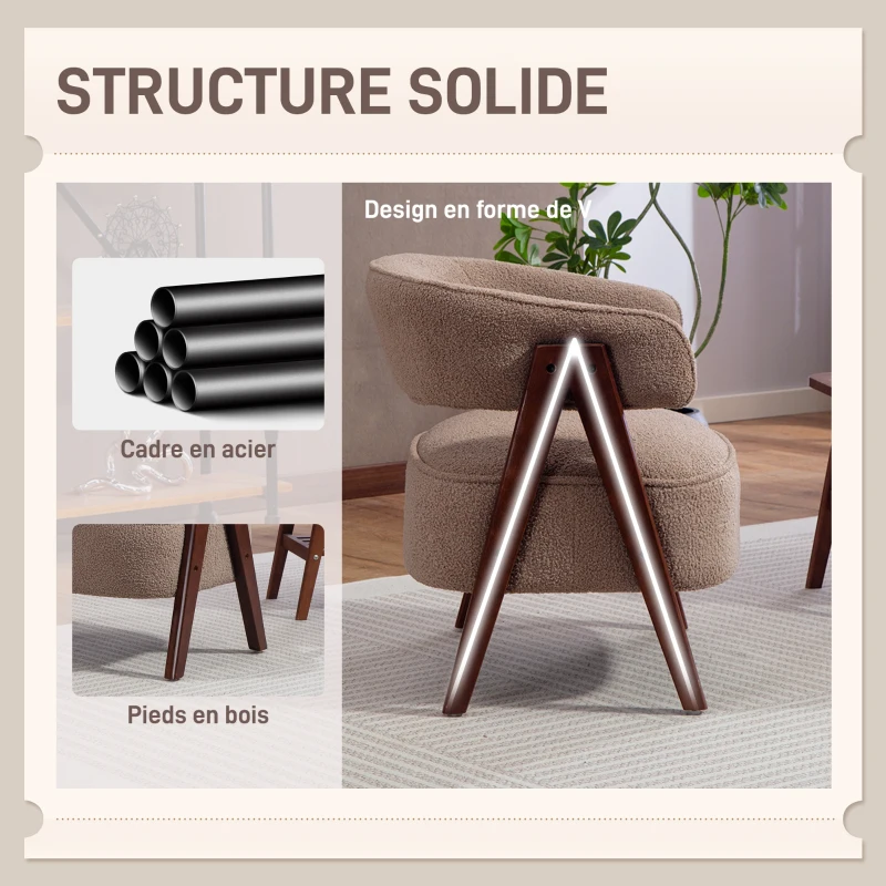 HOMCOM Fauteuil de salon en tissu bouclette, chaise rembourrée, assise large, dossier ergonomique, 70 x 64 x 71 cm, marron