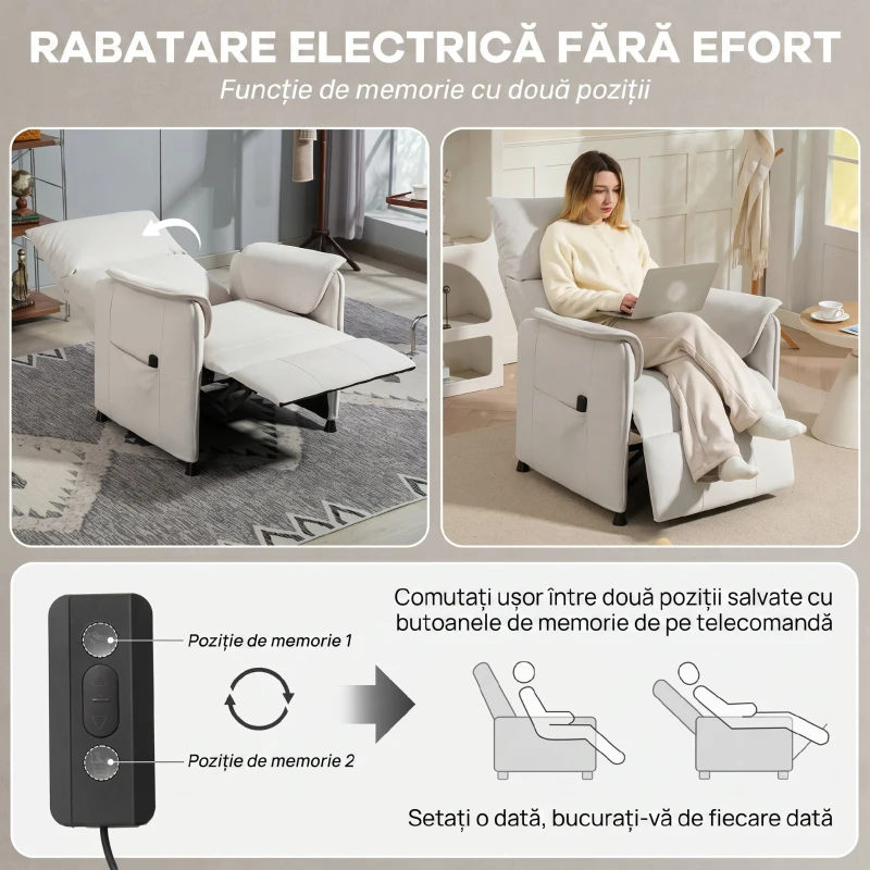 HOMCOM Fotoliu Rabatabil Electric cu Telecomandă și Suport pentru Picioare, din material cu efect de catifea, 80x83x104 cm, Crem