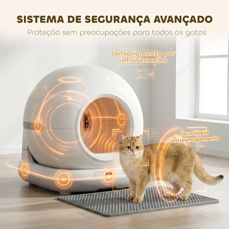 PawHut Caixa de Areia Autolimpante Capacidade 7L com Controlo por APP Purificação de Odores Ruído e Sensores de Segurança 58,1x47,5x53 cm Branco e Cinzento