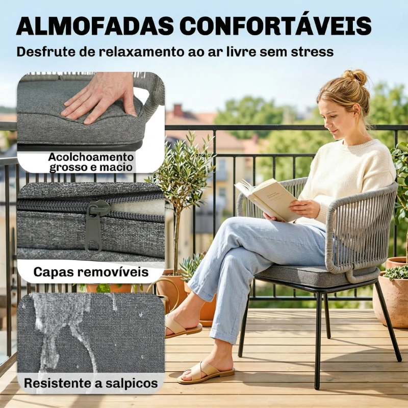 Outsunny Conjunto de 2 Cadeiras de Jardim em Rattan com Almofadas, Apoios de Braços e Estrutura em Aço para Terraço 46x58x72 cm Cinzento