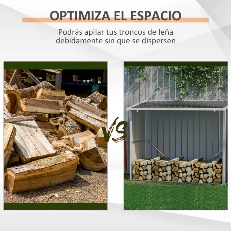 Outsunny Casetilla para Leña Acero Galvanizado Cobertizo Leñero de Almacenamiento de Troncos con Techo Inclinado para Jardín Terraza Exterior 185x84x148,5 cm Gris