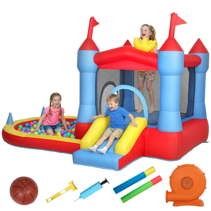 AIYAPLAY Castel Gonflabil cu Tobogane, Trambulină și Piscină cu Bile, include Suflantă, Centru de Joacă 4-în-1 pentru Exterior și Interior, Multicolor