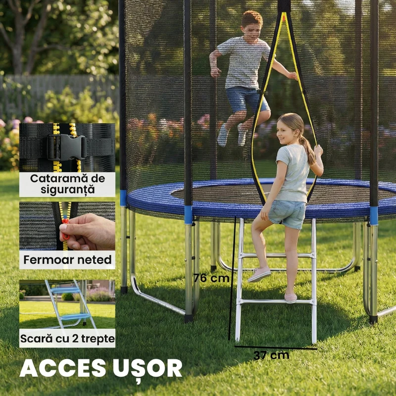 SPORTNOW Trambulină Elastică pentru Adulți Ø244cm, Covor Elastic pentru Adulți cu Plasă de Protecție, Scară cu 2 Trepte, Protecție pentru Arcuri, Structură din Oțel, Capacitate 100kg, Albastru